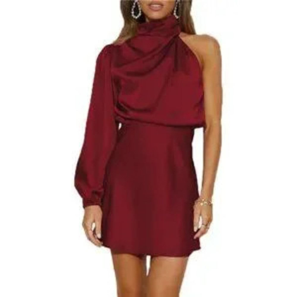 Women's Satin Long Sleeve One Shoulder Mini Dress Silk One Sleeve Turtle Neck